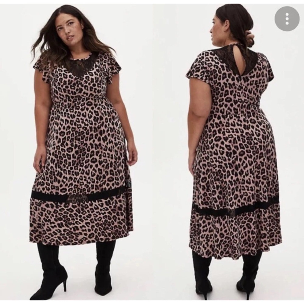 Torrid Leopard Print Lace Trim Midi Dress Short Sleeve Keyhole Back Size 00 (L)